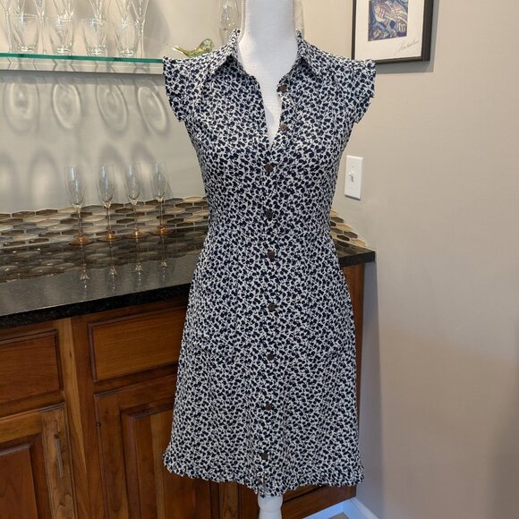 Monteau Shirt Dress Small S Blue White Floral Collared Flutter Sleeve Button Up - Picture 1 of 4